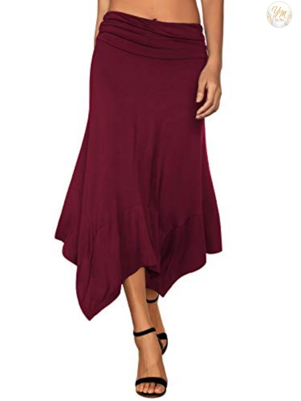Women's Flowy Handkerchief Hem Midi Skirt Elastic Waist Stretchy